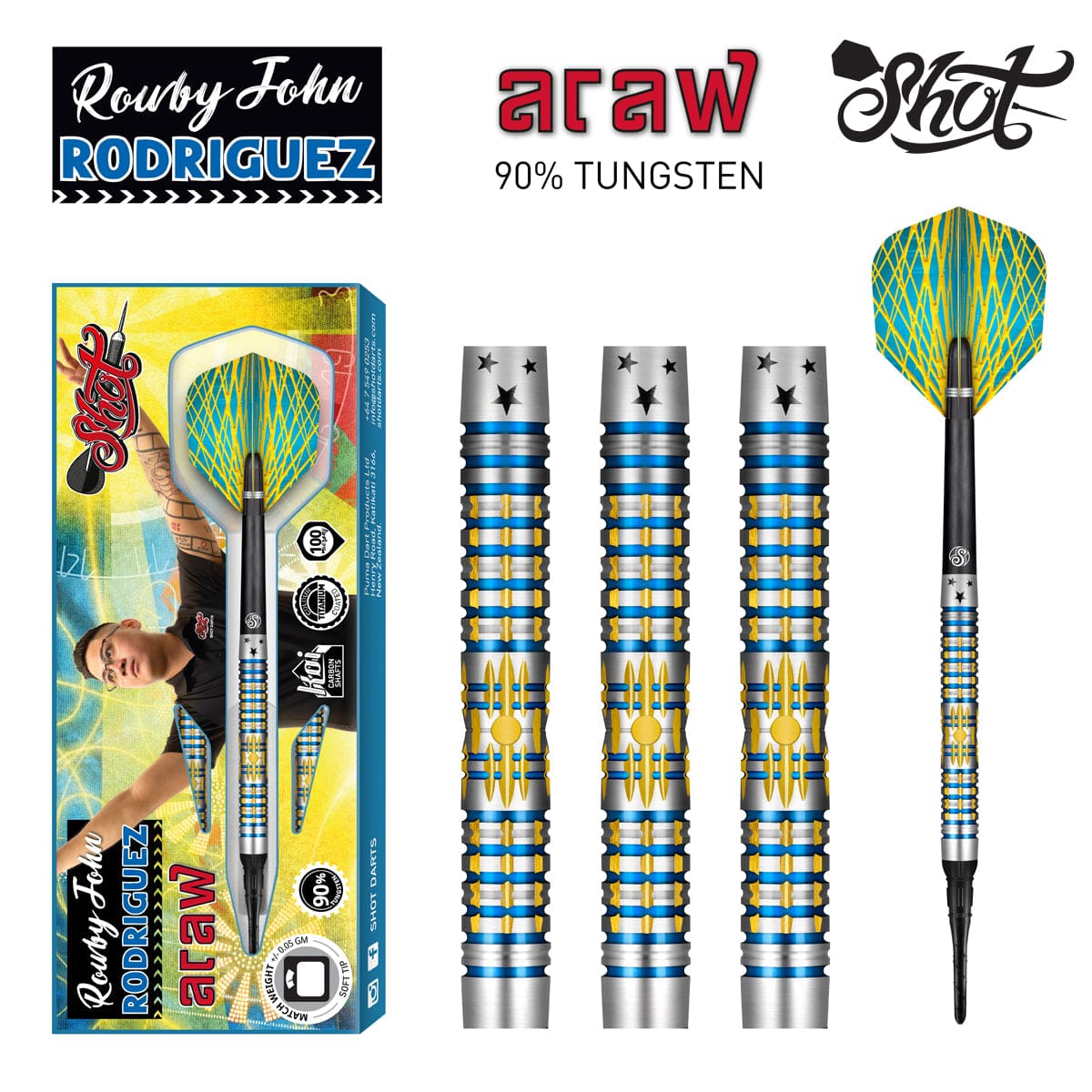 Rowby-John Rodriguez Araw Soft Tip Dart Set - 90% Tungsten Barrels